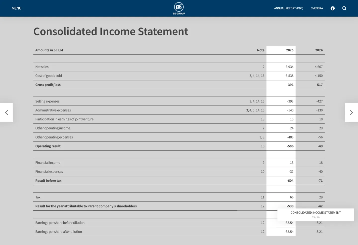 The consolidated income statement, read page by page on the web