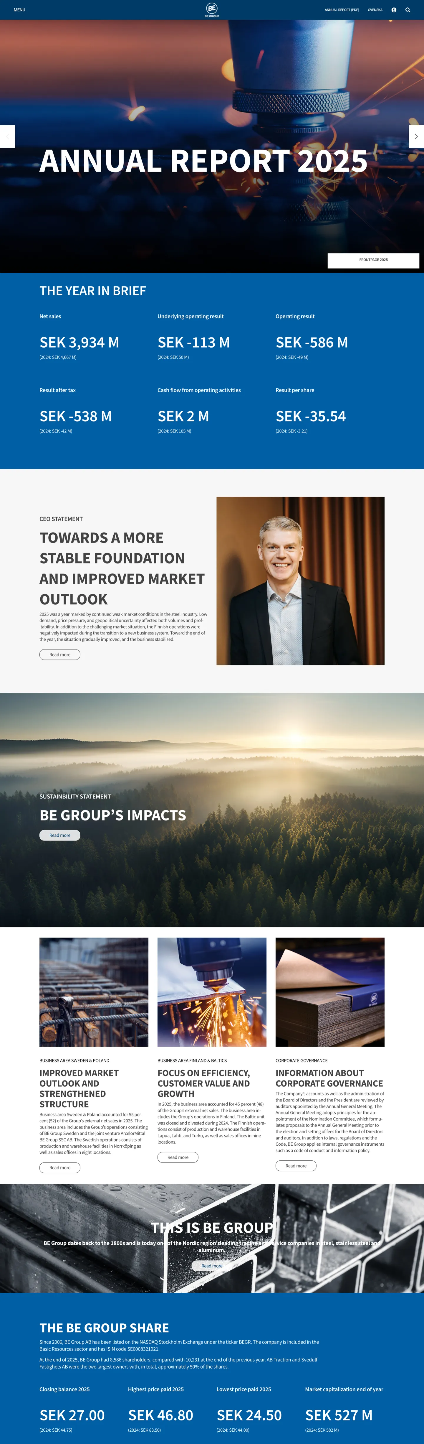The start page of the 2025 annual report: the year in brief, the CEO statement and the business areas
