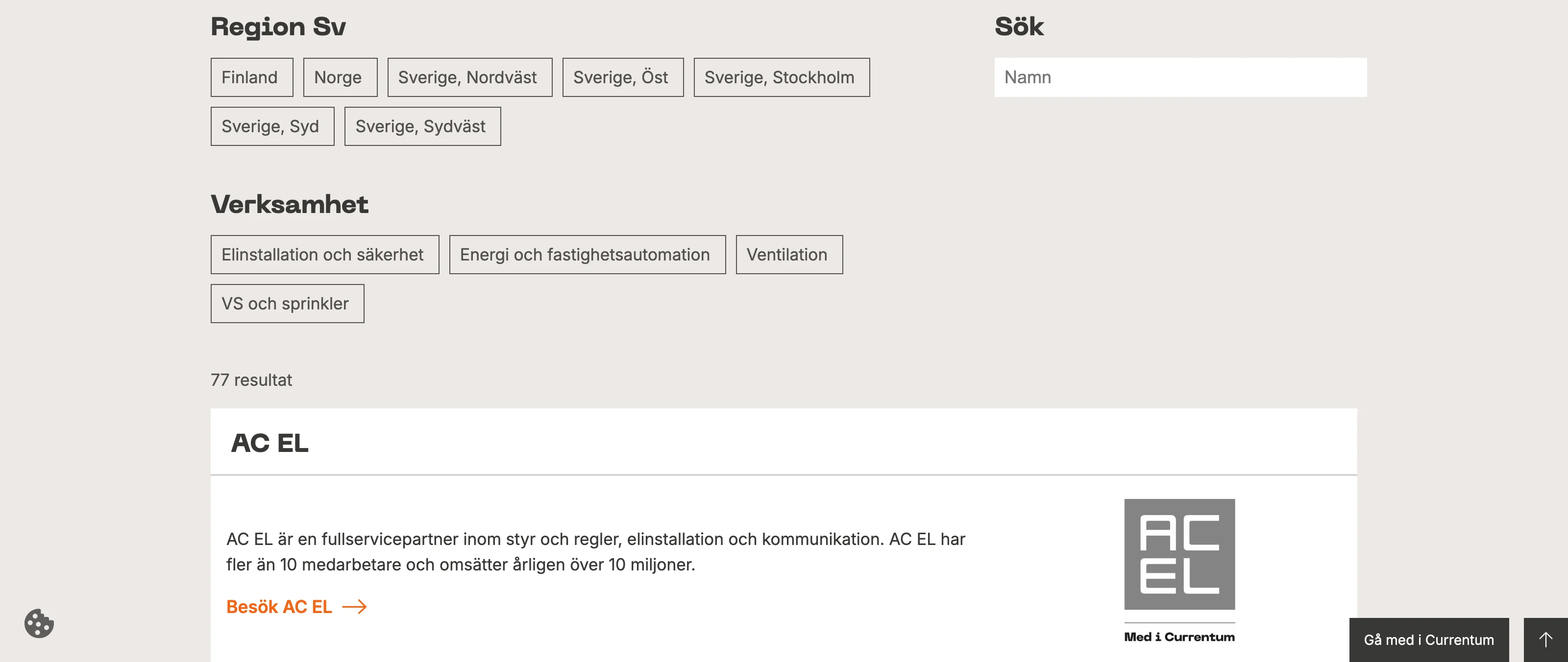 Faceted directory filtering — Region and Verksamhet, combinable