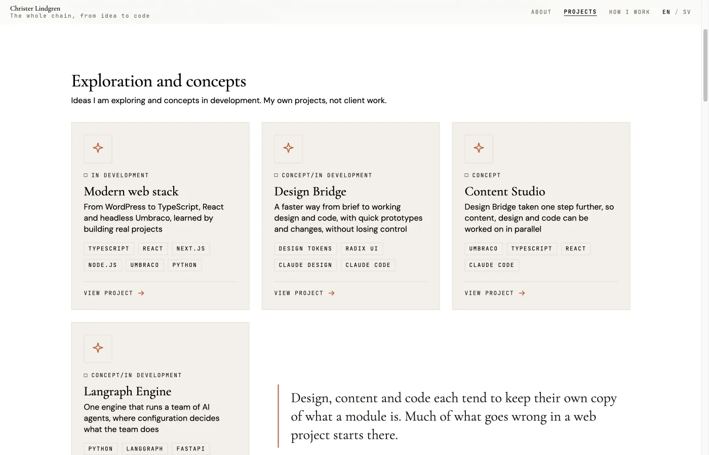 Step three, built with Claude Code: the finished site, on the same design system