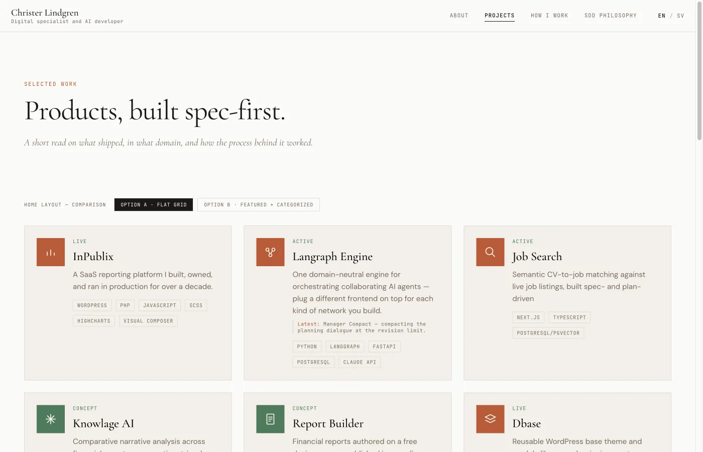 Step two, in Claude Design: a prototype of this portfolio built on the design system, here comparing two layouts for the start page