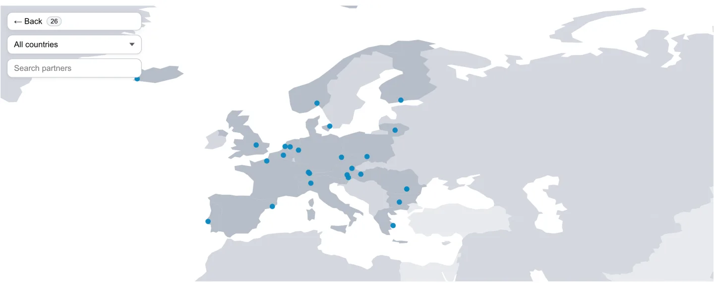 Zoomed in on Europe, with 26 partners