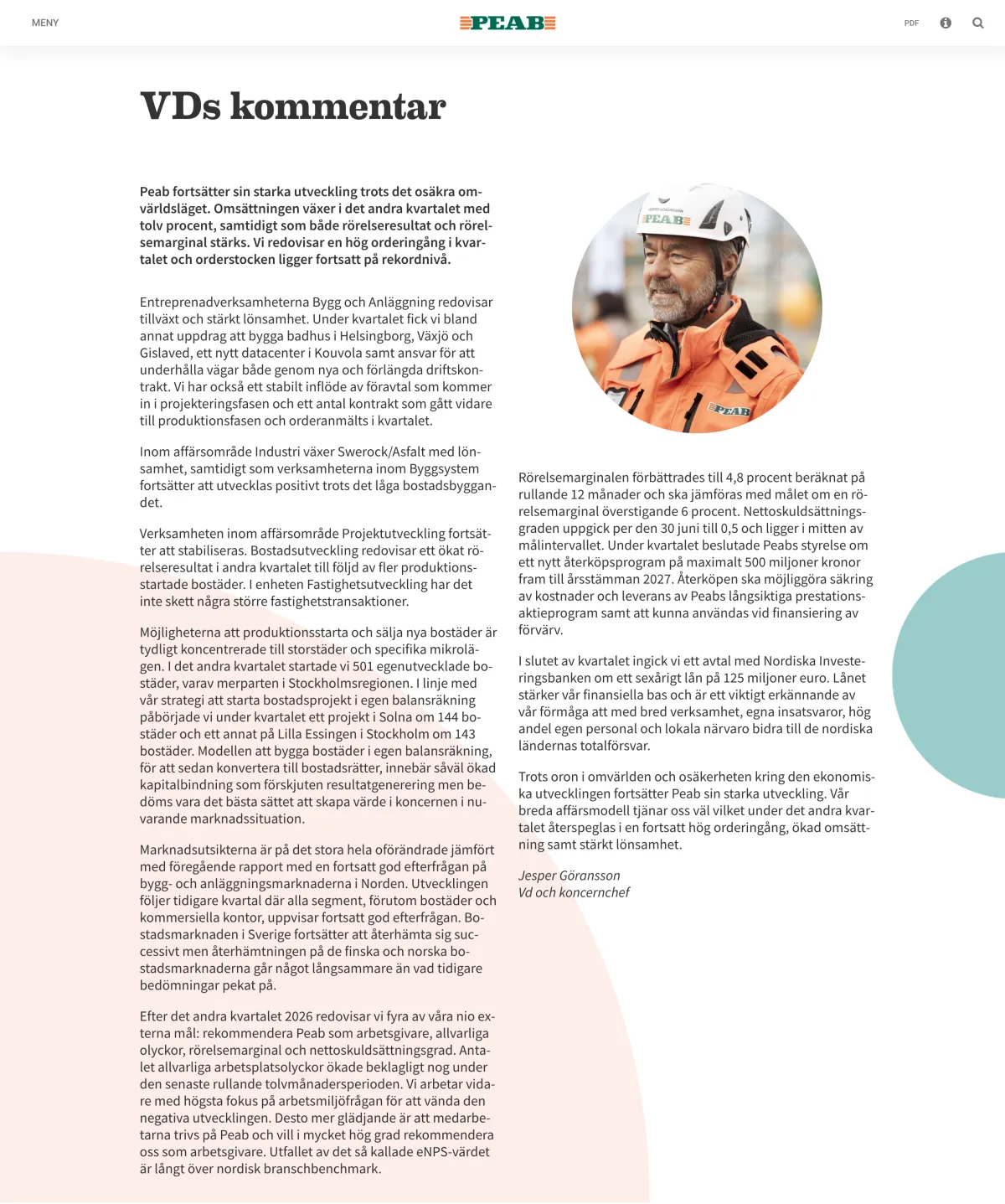 The CEO's comment: the web page and the same page in the PDF