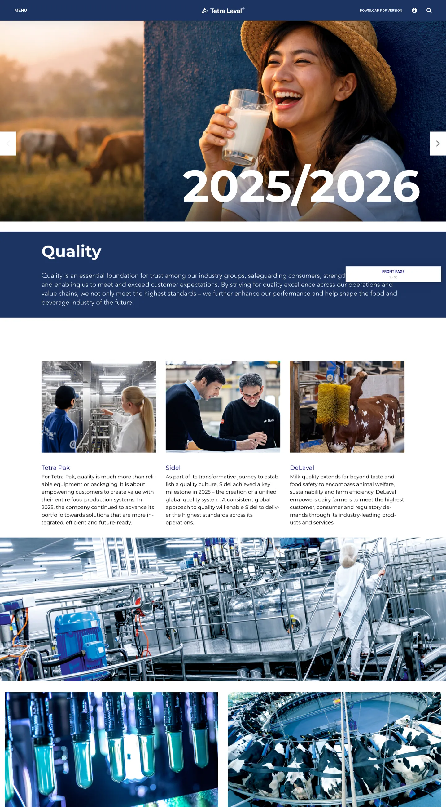 The start page of the 2025/2026 presentation, with this year's theme, quality, across Tetra Pak, Sidel and DeLaval